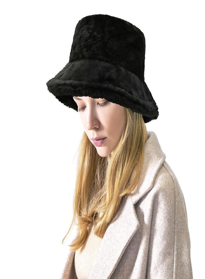 TZ Promise Women Plush Fluffy Bucket Hat Warm Lining Winter Faux Fur Cozy Wide Brim Winter (Black) - Image 2